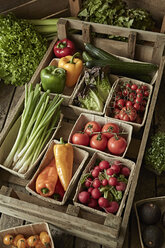 Still life fresh, organic, healthy vegetable harvest variety in wood crate - CAIF04182