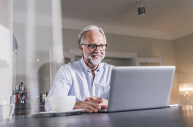 Portrait of smiling mature man sitting at table using laptop at home - UUF12923