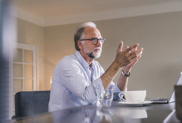 Mature man with laptop sitting at table at home - UUF12929