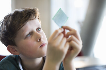 Neugieriger, konzentrierter Junge, der einen Computerchip im Klassenzimmer untersucht - CAIF04378