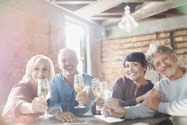 Portrait smiling couples toasting white wine glasses at restaurant table - HOXF00520