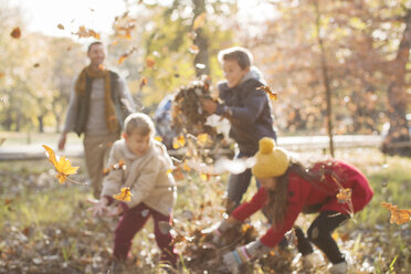 Family playing in autumn leaves at park - HOXF00572
