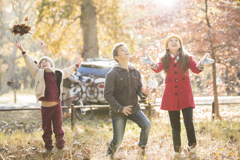 Jungen und Mädchen, die im Wald Herbstblätter über den Kopf werfen, lizenzfreies Stockfoto