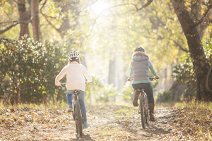 Mutter und Tochter fahren mit dem Fahrrad auf einem Weg im Wald - HOXF00608
