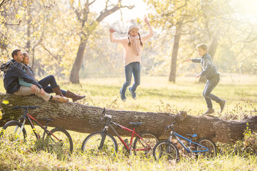 Familie spielt auf einem umgestürzten Baumstamm im Herbstwald - HOXF00615