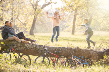 Family playing on fallen log in autumn woods - HOXF00615