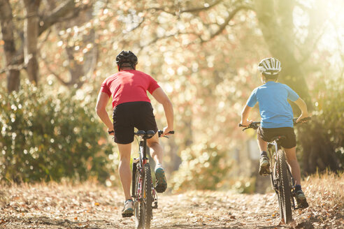 Vater und Sohn beim Mountainbiking auf einem Waldweg - HOXF00638