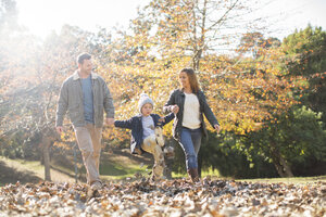 Familie hält sich an den Händen und geht im Herbstlaub spazieren - HOXF00657