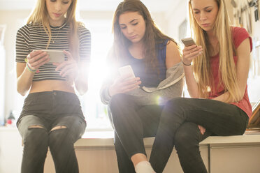 Teenager-Mädchen, die mit ihren Handys in der Küche SMS schreiben - HOXF00723