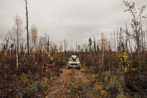 Kanada, British Columbia, Van auf Waldweg im Herbst - GUSF00318