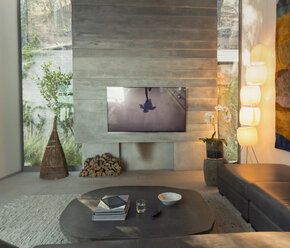 Television in modern, luxury home showcase interior living room - HOXF01325