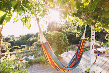 Multicolor hammock hanging from trees in tranquil sunny summer garden - HOXF01379