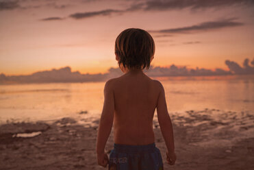 Boy on beach looking at tranquil sunset ocean - HOXF01408