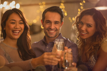 Portrait smiling friends toasting wine glasses - HOXF01454