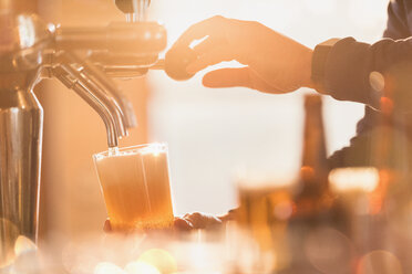 Nahaufnahme eines männlichen Barkeepers, der ein Glas Bier aus dem Zapfhahn hinter der Bar einschenkt - HOXF01455