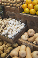 Garlic, ginger, potatoes and butternut squash display in grocery store market - HOXF01605