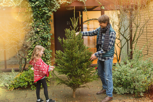 Vater und Tochter mit Weihnachtsbaum vor dem Haus - HOXF01881
