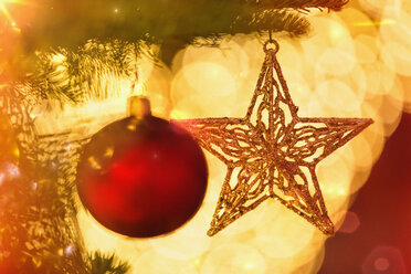 Close up red ornament and gold star hanging from branch of Christmas tree - HOXF01931