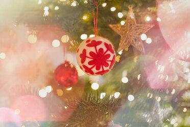 Rotes und weißes Schneeflocken-Ornament am Weihnachtsbaum - HOXF01968
