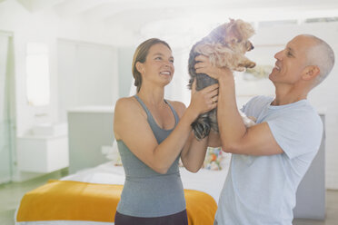 Mature couple playing with dog - HOXF02081