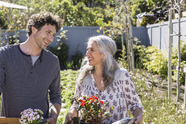 Glückliches Paar mit Topfblumen, Gartenarbeit im sonnigen Garten - HOXF02304