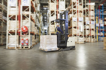 Worker operating forklift moving pallet of boxes in distribution warehouse - HOXF02455