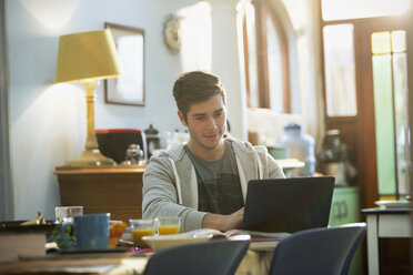 Junger Mann, Student, studiert am Laptop - HOXF02509