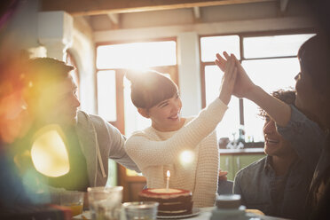 Junge Freunde feiern ihren Geburtstag mit Kuchen und Kerzen - High-Five - HOXF02546