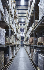 Merchandise cardboard boxes stacked on shelves in distribution warehouse - HOXF02867