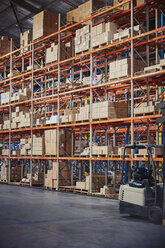 Merchandise cardboard boxes stacked on shelves in distribution warehouse - HOXF02869