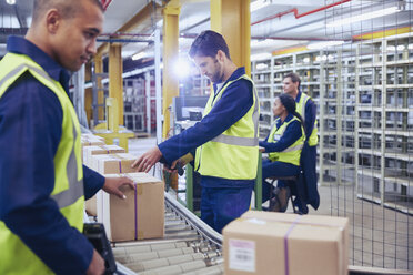 Workers scanning and processing boxes on conveyor belt in distribution warehouse - HOXF02883