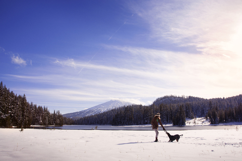 Frau spielt mit Hund auf schneebedecktem Feld gegen den Himmel, lizenzfreies Stockfoto