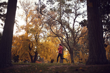 Frau beim Joggen durch Bäume im Park im Herbst - CAVF00082
