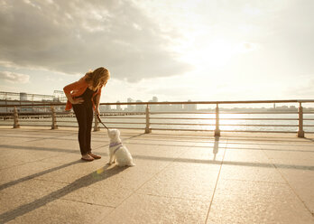 Frau, die ihren Hund ansieht, während sie an einem sonnigen Tag am Geländer gegen den Himmel steht - CAVF00187