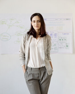 Porträt einer selbstbewussten Geschäftsfrau mit Händen in den Taschen, die im Büro steht - CAVF00374