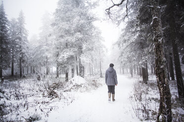 Rear view of woman walking in snow covered forest - CAVF00587