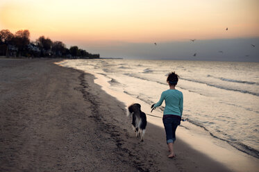 Rückansicht einer Frau, die bei Sonnenuntergang mit ihrem Hund am Meer spazieren geht - CAVF00624