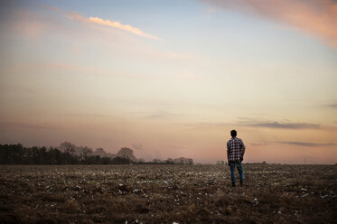 Rückansicht eines auf einem Feld stehenden Mannes gegen den Himmel bei Sonnenuntergang - CAVF00793