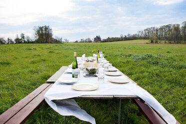 Eating utensils arranged on picnic table at grassy field - CAVF00850