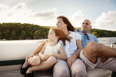 Girl relaxing with parents while traveling in boat on lake - CAVF00973