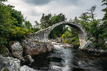 Arched footbridge over tranquil stream, Carrbridge, Scotland - CAIF04745