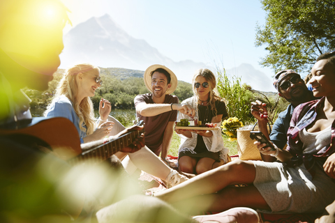 Junge Freunde genießen ein Picknick in einem sonnigen Sommerpark, lizenzfreies Stockfoto