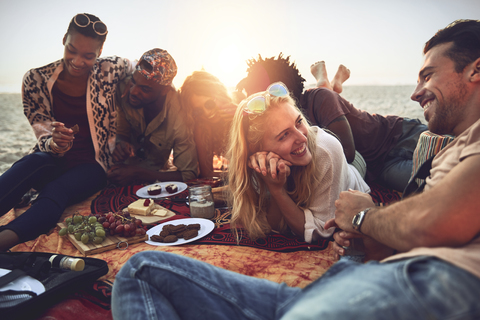 Junge Freunde genießen ein Picknick am sonnigen Sommerstrand, lizenzfreies Stockfoto