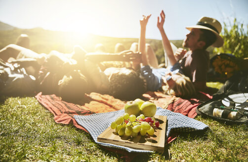 Junge Freunde genießen ein Picknick und entspannen sich im sonnigen Sommerpark - CAIF04834