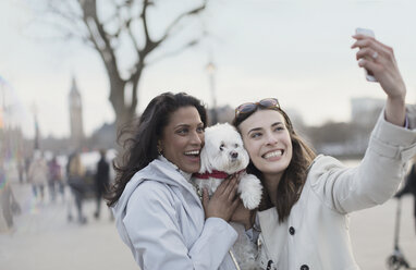 Verspieltes, lächelndes lesbisches Paar mit weißem Hund, das ein Selfie mit einem Fotohandy in einem Stadtpark macht, London, UK - CAIF04982
