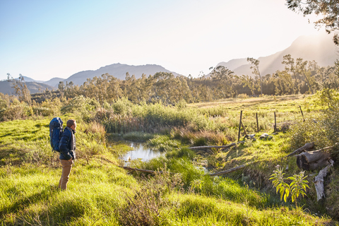 Junger Mann mit Rucksack, der in einem sonnigen, abgelegenen Feld steht, lizenzfreies Stockfoto