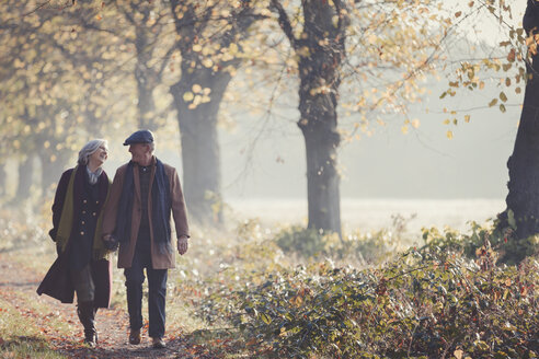 Älteres Paar, das sich an den Händen hält und in einem sonnigen Herbstpark spazieren geht - CAIF05331