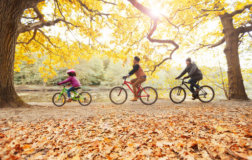 Junge Familie beim Radfahren im Herbstpark - CAIF05339