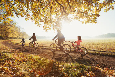 Young family bike riding in sunny autumn park - CAIF05431