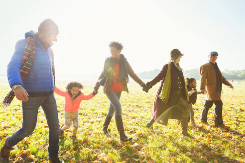 Familie, die sich an den Händen hält, spazierend im sonnigen Herbstpark - CAIF05437